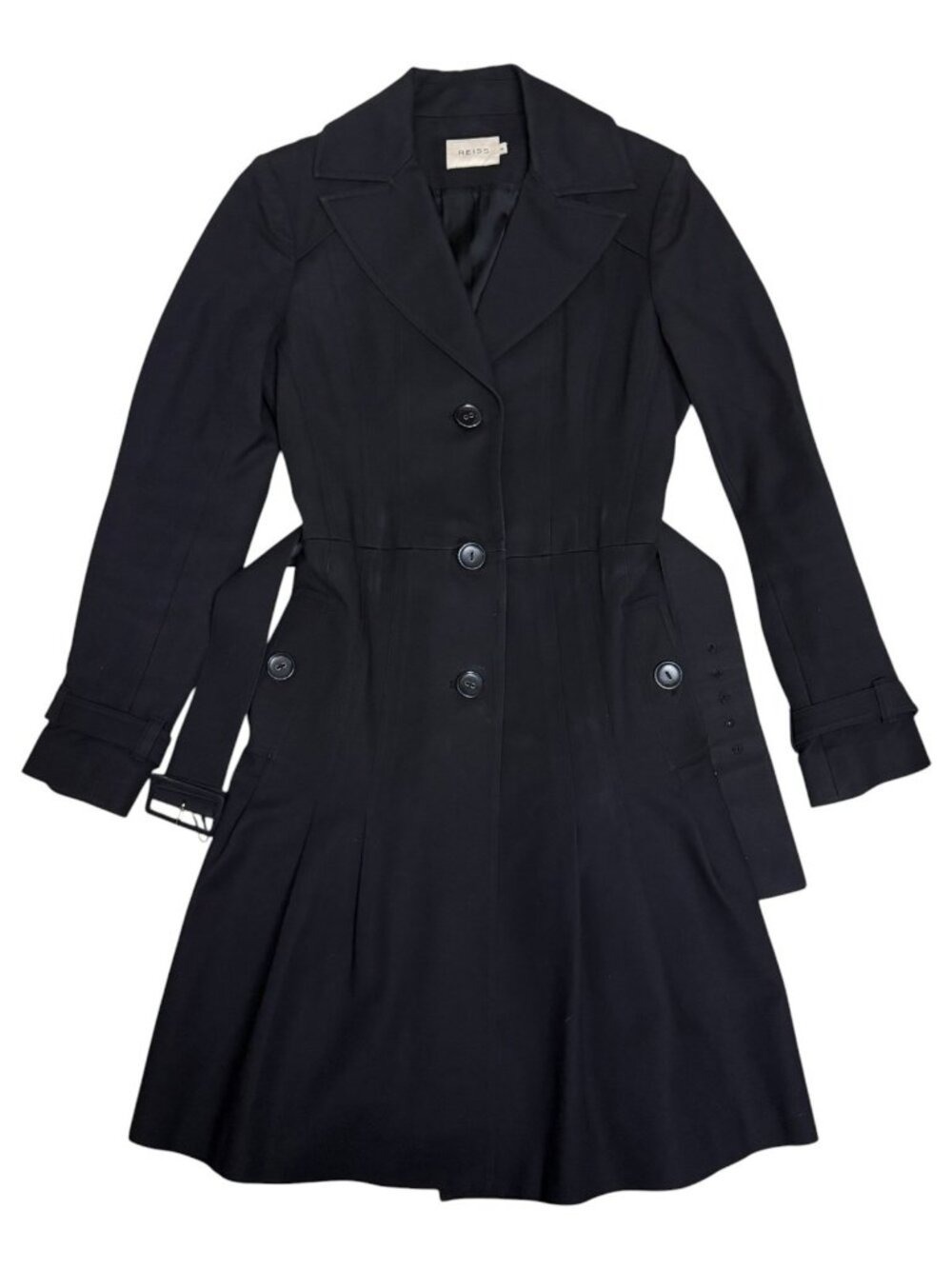 $800 REISS Trench Coat Luxury Designer Long Black Business Jacket Womens Medium